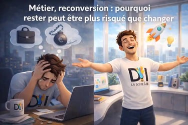 Dam épuisé au travail puis heureux après reconversion, image 16:9 avec titre, bureau moderne, découverte du SEO.