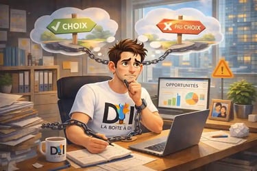 Dam au bureau à midi, entravé et hésitant, symboles choix/pas choix et opportunités, message sur la reconversion.