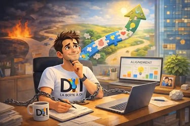 Dam se réaligne au bureau à midi, flèche en puzzle vers un avenir lumineux, transition de voie professionnelle.