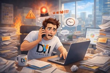 Dam débordé au bureau à midi, urgence et stress, piles de dossiers, se demande s’il doit changer de métier.