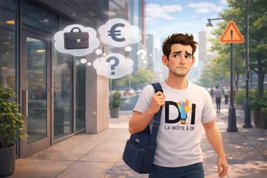 Dam sort de son bureau à midi, mal à l’aise et pensif, bulles d’interrogations, signal d’alerte après 40 ans.