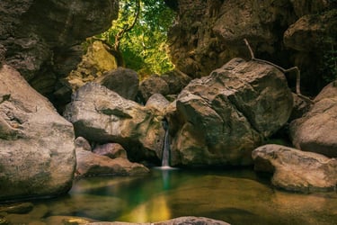 A small waterfall flowing over rocks into a calm river pool within a deep forest canyon.