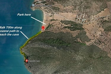 Aerial map showing the coastal walking path from the parking area to Franchthi Cave in Greece.