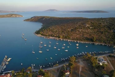 Aerial view of sailboats anchored in a calm blue Mediterranean bay near a lush coastline.