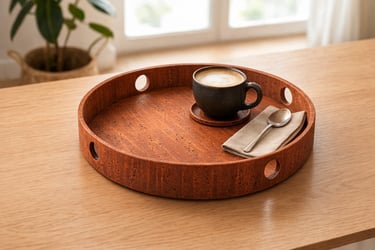 A round cork serving tray holding a black coffee mug and spoon on a wooden dining table.