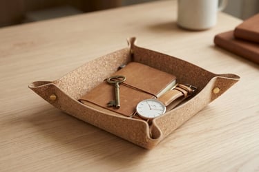Minimalist cork valet tray holding a leather journal, vintage key, and wrist watch on a wooden desk.