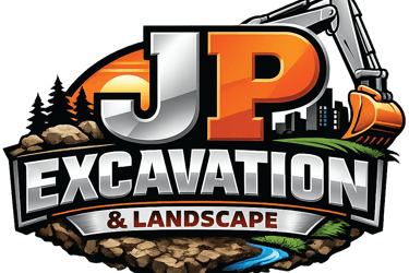JP Excavation and Landscape logo featuring a yellow excavator bucket and scenic earth elements.