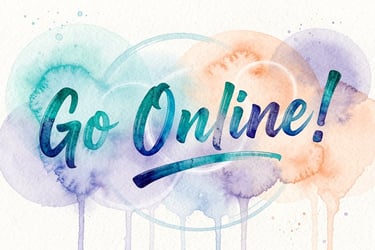 Go Online text in blue calligraphy over a colorful watercolor background of pastel circles.