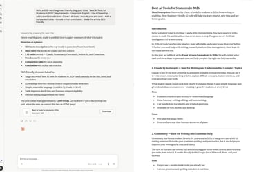 Claude AI writing example showing SEO blog generation, structured headings, comparison formatting, a