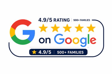Google logo with a 4.9 out of 5 star rating from over 500 families displayed on a white background.