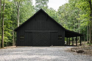 Exterior wooden barn painted black with breathable matte natural paint