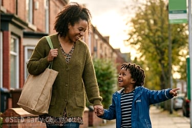Mother and son walk together in smiling 