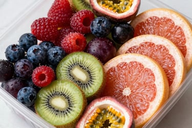 A wicker fruit basket on a wooden table containing a bunch of bananas, two red apples, and two yellow pears.
