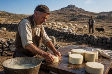A traditional Greek shepherd handcrafting artisan sheep cheese on a rustic outdoor table in a mountain pasture.