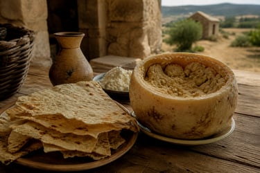 Traditional pecorino cheese served with thin flatbread on a rustic wooden table in a rural landscape.