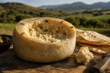 Authentic Sardinian Casu Marzu maggot cheese with flies on a rustic board in a landscape.