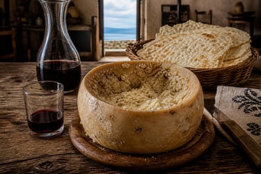 Authentic Sardinian pecorino cheese wheel served with red wine and pane carasau flatbread on a rustic wooden table.
