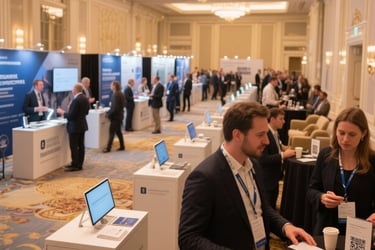 Elegant hotel ballroom exhibition setup with chandeliers and professional networking event