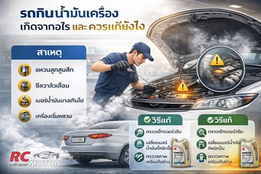 ช่างกำลังตรวจสอบเครื่องยนต์มีควัน พร้อมขวดน้ำมันเครื่อง ENEOS และคำแนะนำการดูแลรถเป็นภาษาไทย