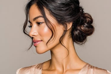 Elegant low bun wedding guest hairstyle with soft tendrils