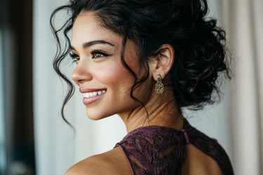 Textured updo wedding guest hairstyle with soft face framing pieces