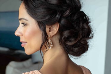 Textured updo wedding guest hairstyle with soft face framing pieces