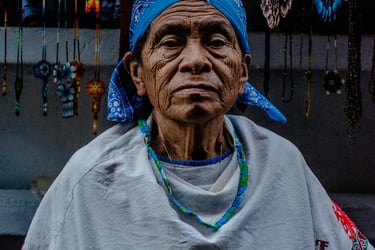 Mujer indigena exponiendo sus artesanias