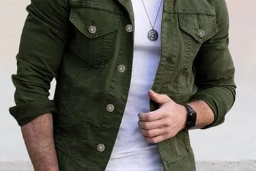 a man in a green army jean jacket and white shirt