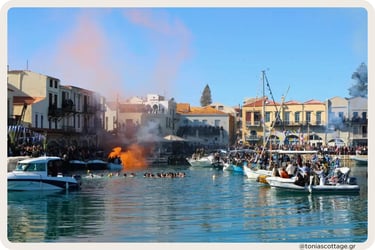 Epiphany celebration in a Cretan harbor with crowds, boats, swimmers, and smoke over the water