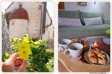 Spring flower by a village chapel and a living‑room coffee table set with tea, candles, and pastry