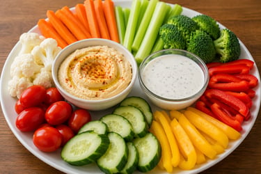 Fresh vegetable crudite platter with hummus, ranch dip, carrots, cucumbers, and broccoli.