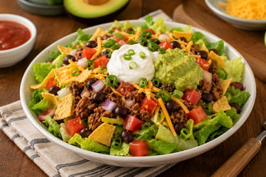 Healthy taco salad bowl with ground beef, black beans, avocado, and sour cream on a wooden table.