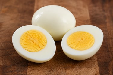 Hard-boiled eggs peeled and sliced in half on a wooden cutting board, showing the cooked yellow yolks.