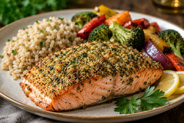 Herb-crusted baked salmon fillet served with brown rice and roasted vegetables on a plate.