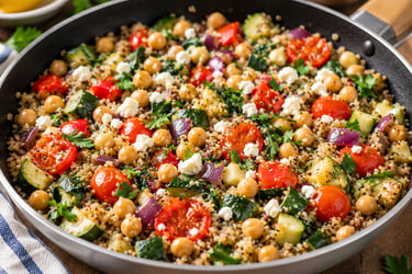 A Mediterranean quinoa skillet with chickpeas, zucchini, cherry tomatoes, and feta cheese.