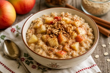 Bowl of apple cinnamon oatmeal topped with fresh apples and homemade granola.