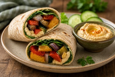 Two roasted vegetable wraps with hummus and fresh greens served on a plate with sliced cucumbers.