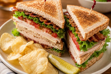 Classic turkey club sandwich on toasted bread served with potato chips and a pickle spear.