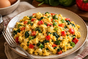 Vegetable egg scramble with colorful peppers served on a breakfast plate.