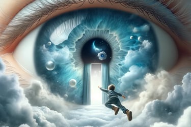 Boy flying toward a cosmic eye symbolising consciousness and the universe.