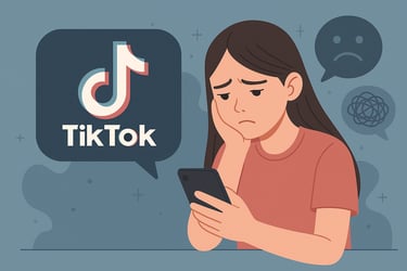 Een illustratie van een depresieve tiener die TikTok aan het kijken is