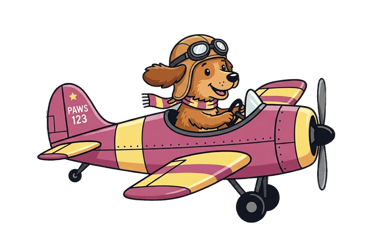 Un simpático perro piloto de dibujos animados volando un avión antiguo rosa y amarillo con gafas.
