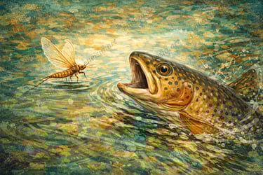 Compositional abstract of a brook trout and mayfly, referencing Today’s Meal and natural tension