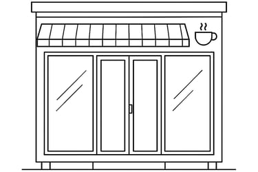 a store front door with a cup of coffee and a cup of coffee