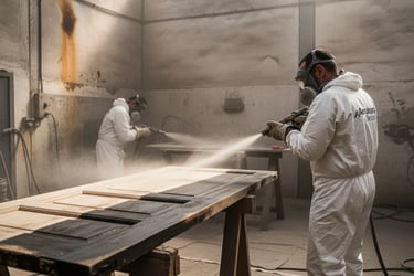 Operario decapando una puerta de madera mediante chorreo de arena