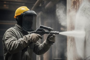 Trabajador haciendo el prceso de chorreo de arena en una pared de hormigón