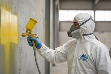 Pintor pintando una pared industrial de amarillo