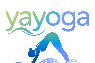 logo . illustration femme faisant une pose de yoga sur une vague bleu
