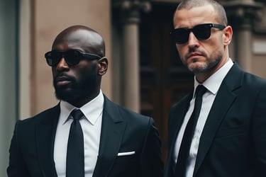 two men in suits and sunglasses standing in front of a building