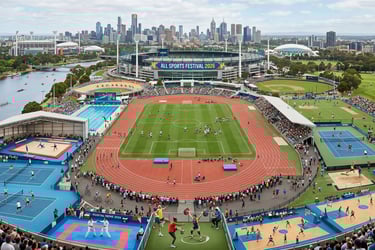 Panoramic aerial view of the All Sports Festival 2026 stadium complex featuring various sports venues.